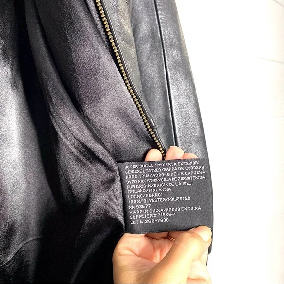 Vintage Genuine Lambskin Leather Black Parka w/ Fox Fur Trimmed Removable Hood - Picture 15 of 15